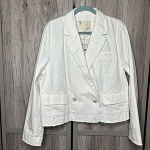 Anthropologie Pilcro Blazer Frayed Hem Ivory Cropped Size L NWT